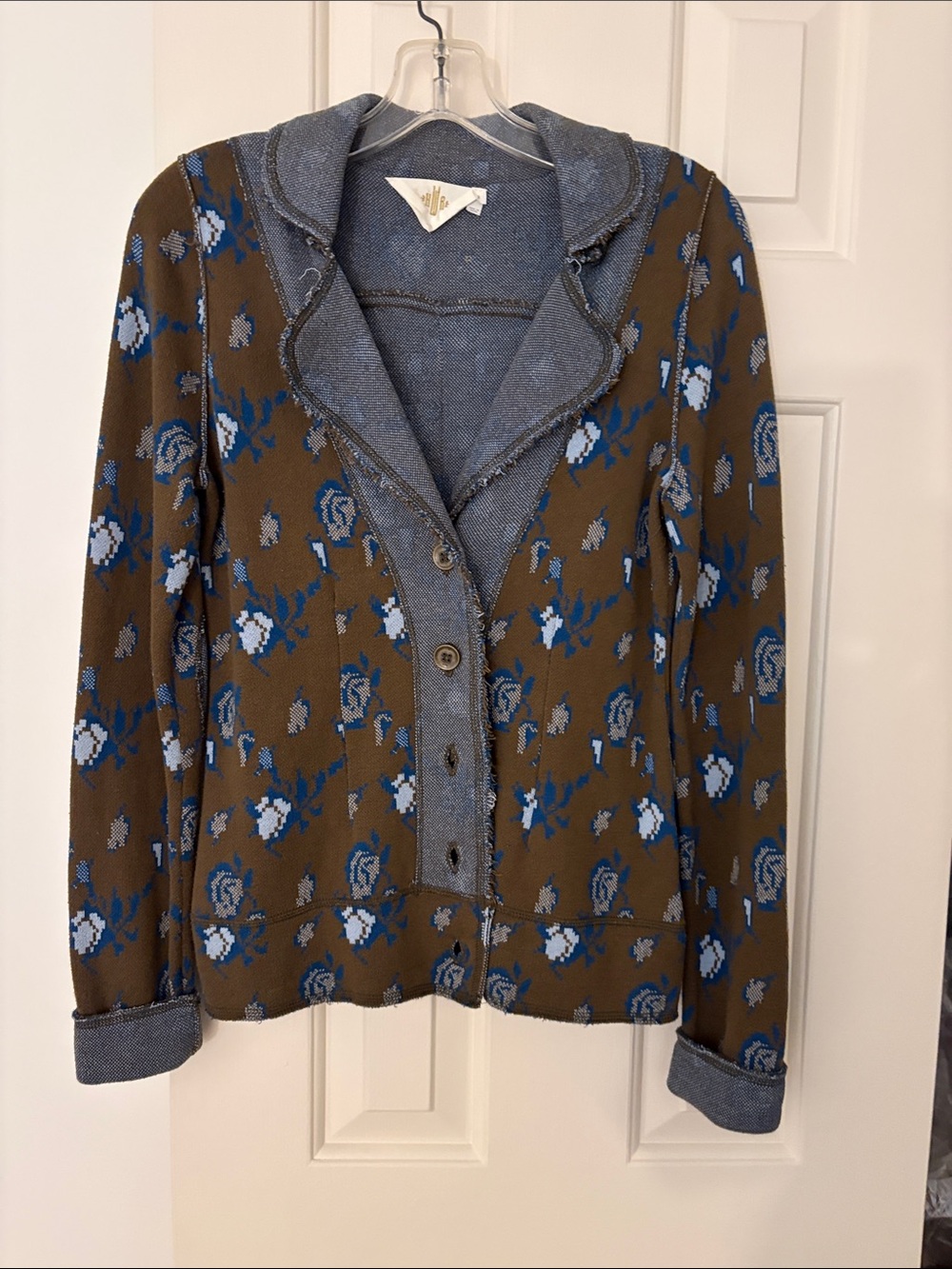 Olive/Brown Knit Blazer with Blue Floral Pattern